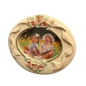 Vintage Roses Oval Frame Composite White with Pink and Green Roses Picture Frame